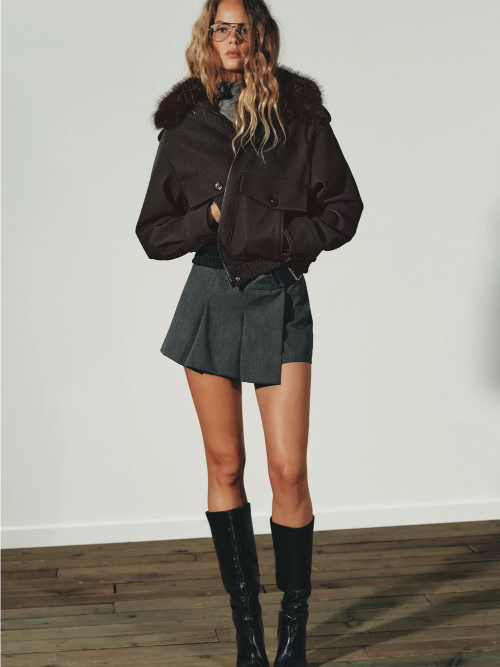 Faux Leather Bomber Jacket with Detachable Fur Collar – Dark Brown | Size S